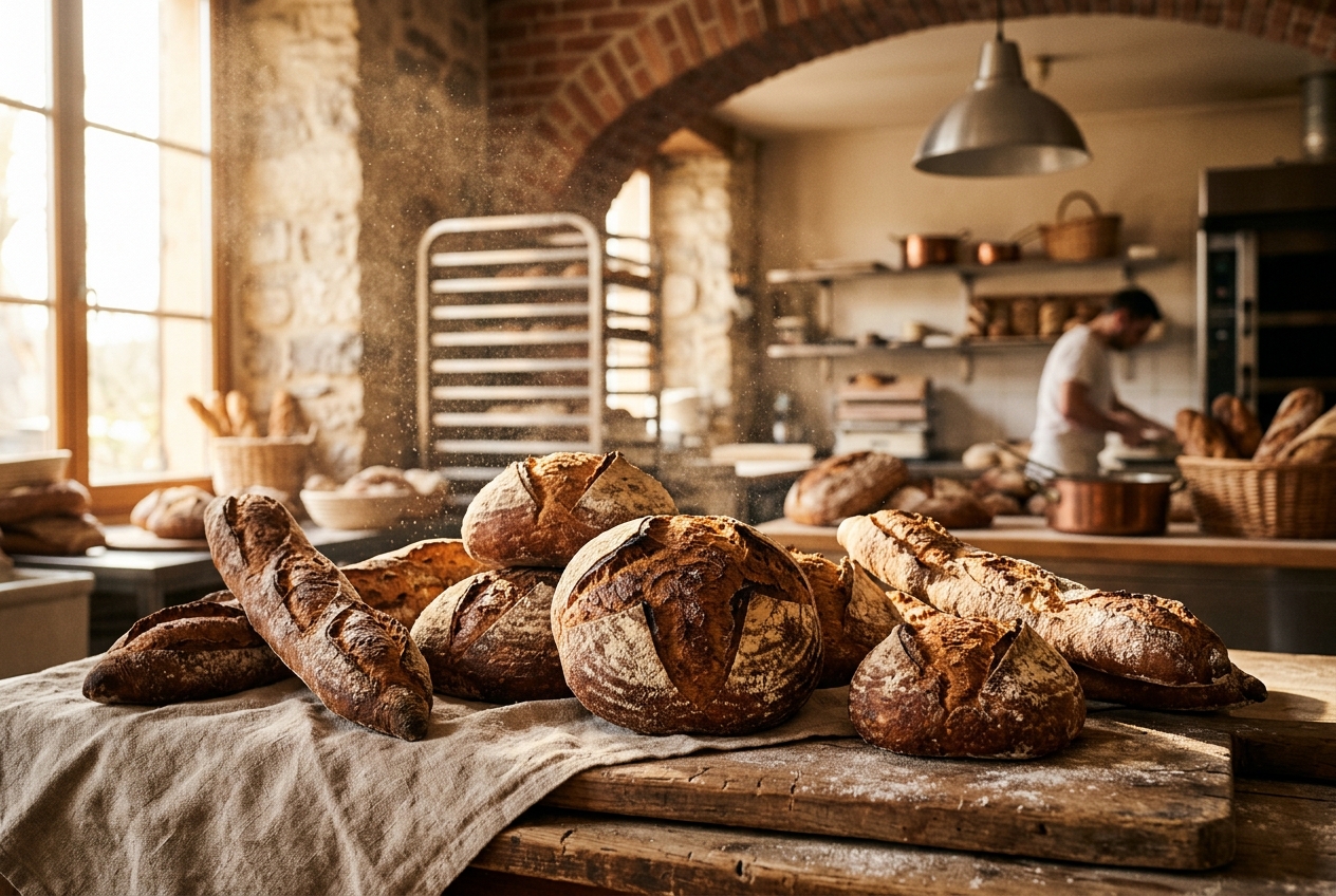Freshly baked sourdough boules and baguettes on linen cloth
